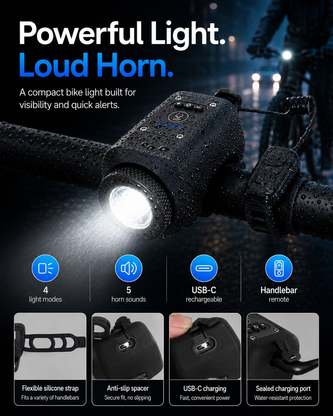 AureliaLiving 2-in-1 Rechargeable Bike Light & Horn