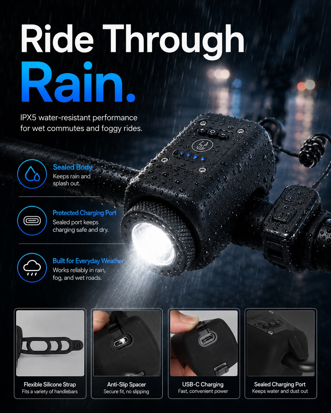 AureliaLiving 2-in-1 Rechargeable Bike Light & Horn