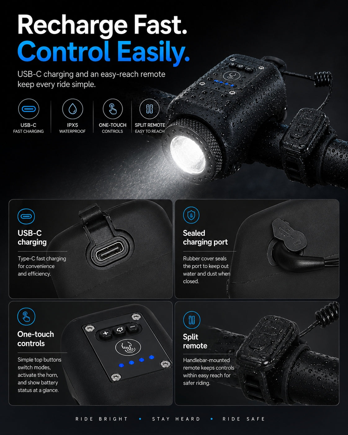 AureliaLiving 2-in-1 Rechargeable Bike Light & Horn